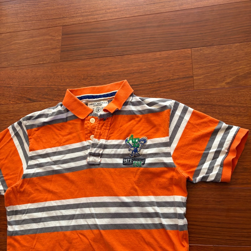 Y2K American Eagle Men Athletic Fit Striped Polo Shirt Embroidered Eagle Logo